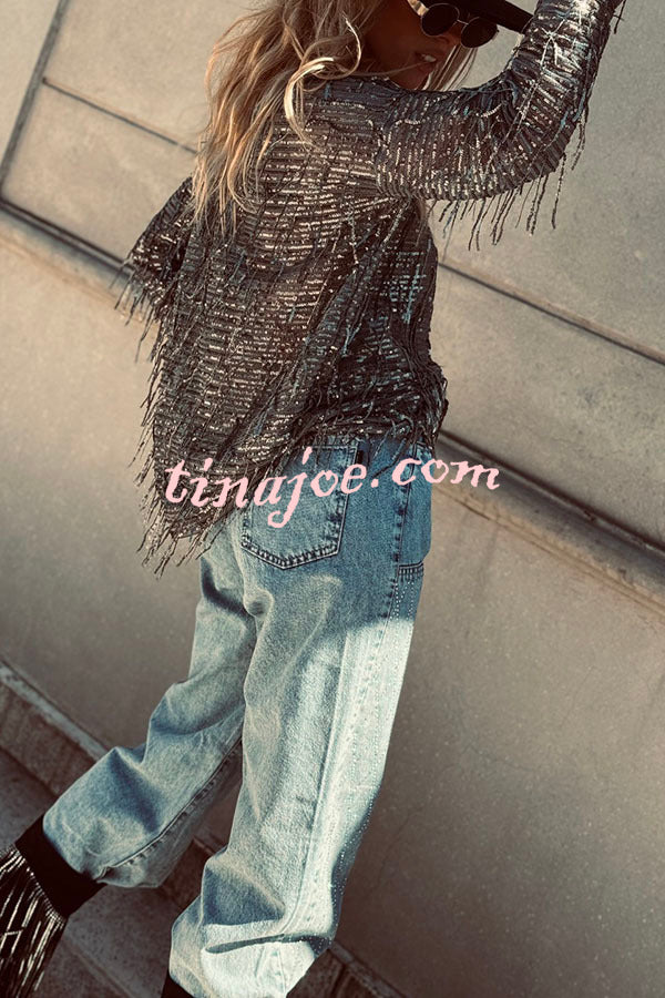 Party Crasher Sequin Tassle Fabric Long Sleeve Loose Top