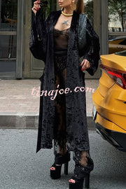 Gorgeous Glossy Velvet Long Bell Sleeve Tie-up Pocket Midi Kimono Coat