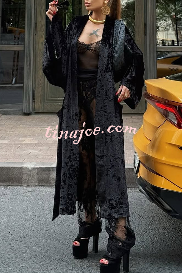Gorgeous Glossy Velvet Long Bell Sleeve Tie-up Pocket Midi Kimono Coat