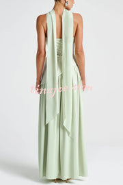 Elegant Off Shopulder Chiffon Pleated Hem Scarf Slit Maxi Dress