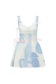 Avere Linen Blend Unique Print Scallop Trim Side Lace-up Mini Dress
