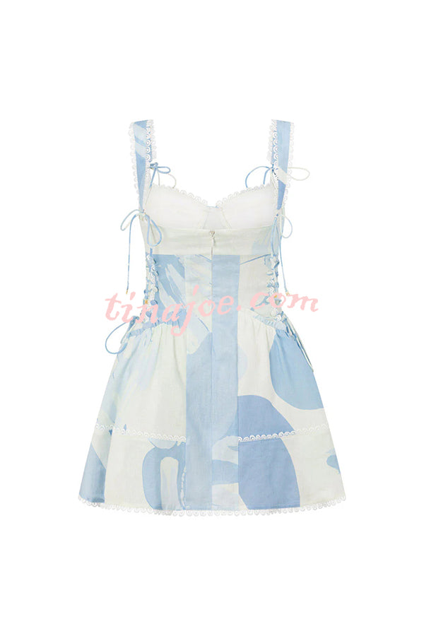 Avere Linen Blend Unique Print Scallop Trim Side Lace-up Mini Dress