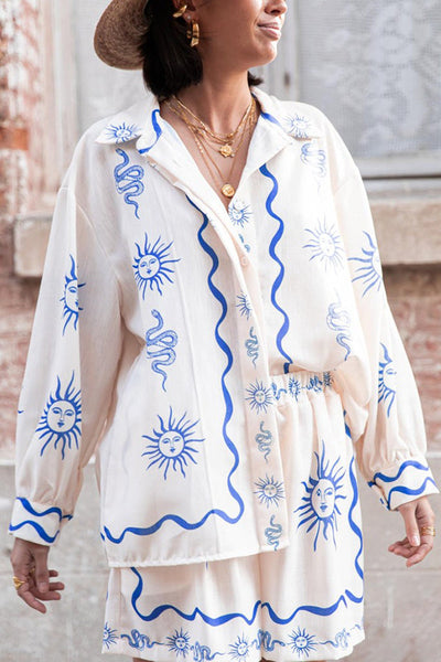 Symbol of Sicily Linen Blend Unique Print Balloon Sleeve Button Loose Shirt