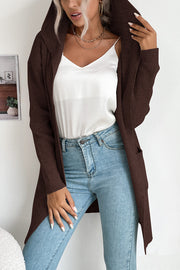 Solid Color Casual Pocket Hooded Long Sleeve Knitted Cardigan