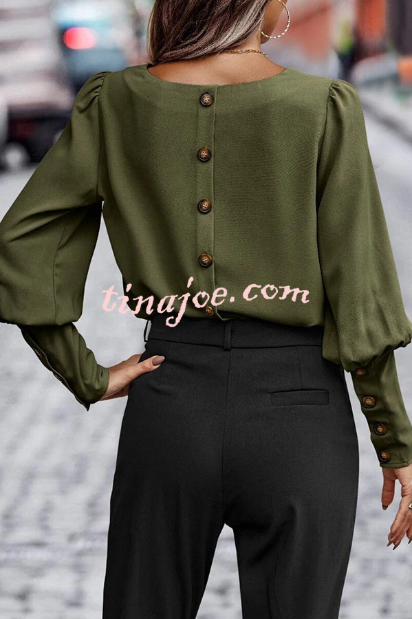 Long Sleeve Back Button Solid Color Casual Top