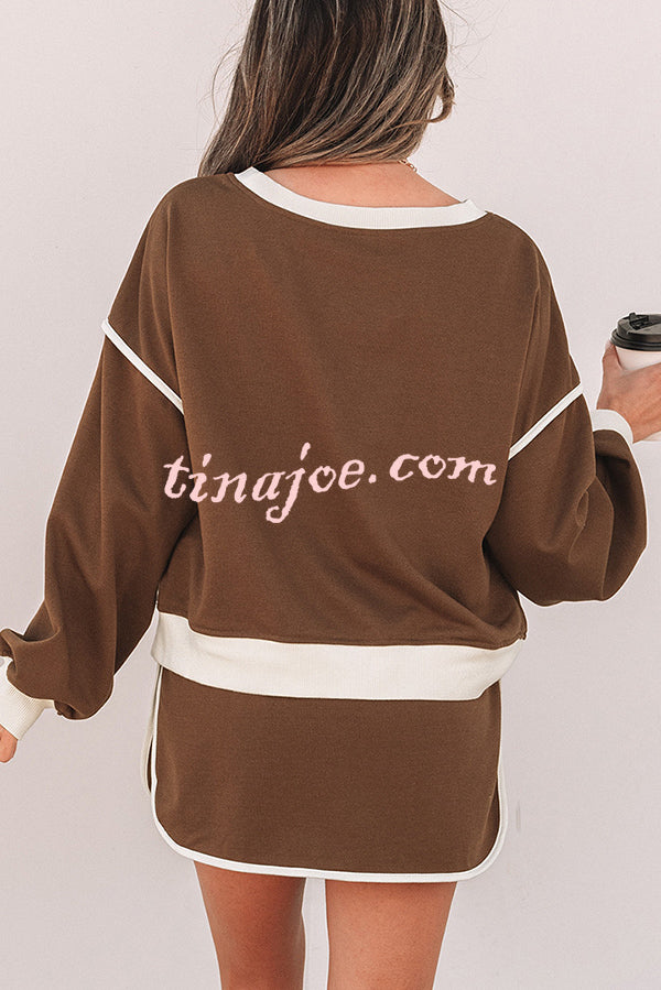 Fashion Round Neck Long Sleeve Spliced Casual Top and Elastic Waist Loose Shorts Set