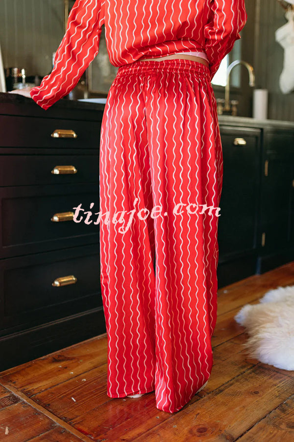 Satin Wave Print Long Sleeve Bow Shirt and Elastic Waist Loose Pants Set