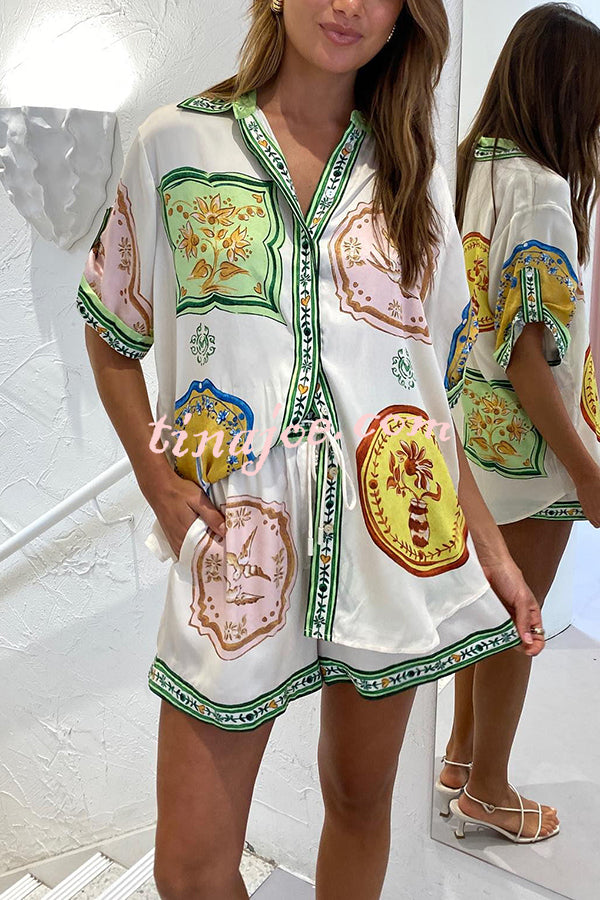 Tropical Escapes Satin Unique Print Shirt and Elastic Waist Pocketed Button Shorts Set