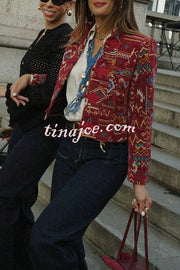 Vintage Bohemian Printed Chinese Style Buttons Long Sleeve Crop Jacket