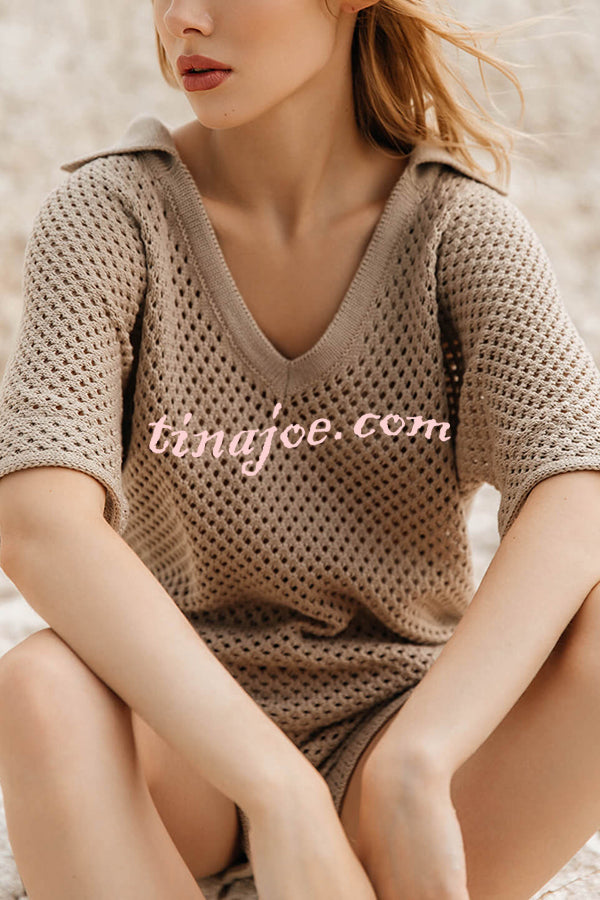 Fashion Hollow V-neck Short-sleeved Top and Elastic Waist Casual Shorts Set