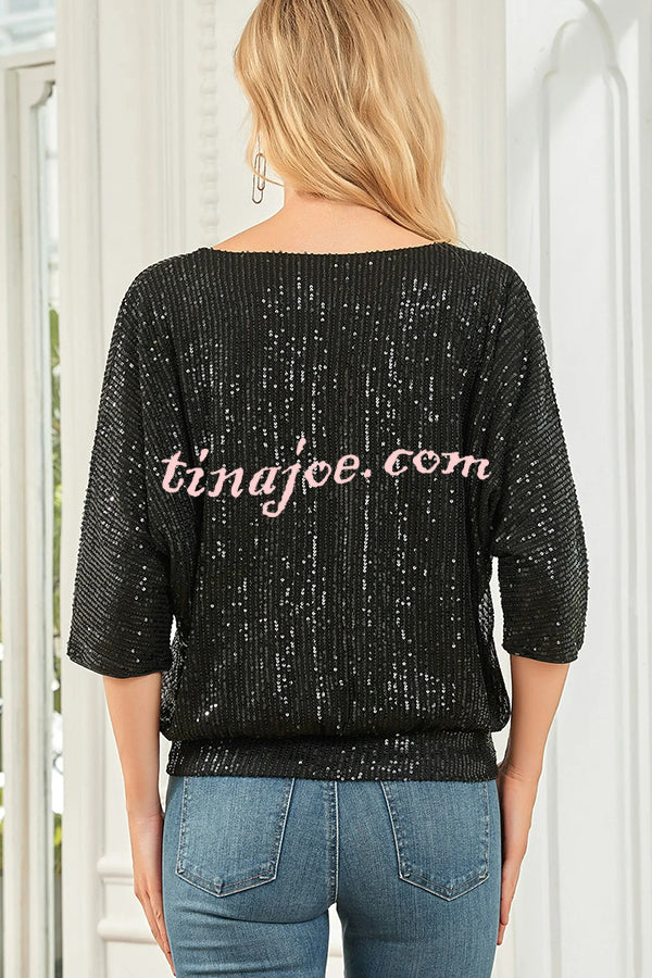 Solid Color Sequined Loose Round Neck Casual Top