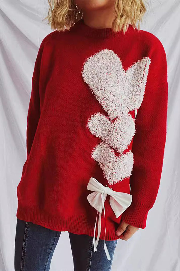 Love Jacquard Loose Cute Bowknitted Long Sleeve Sweater