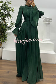 Ellah Shiny Fabric Chinese Stand Collar Twist Waist Balloon Sleeve Maxi Dress