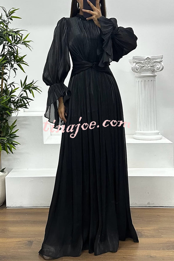 Ellah Shiny Fabric Chinese Stand Collar Twist Waist Balloon Sleeve Maxi Dress