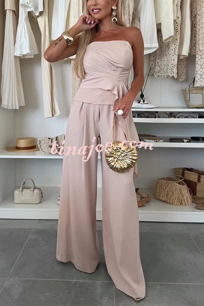 Elegant Solid Color Asymmetric Ruffles Bandeau Top and High Waist Wide Leg Pants Set