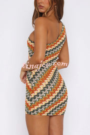 Playful Colorful Knitted Slim-fitting Offset Neck Stretch Mini Dress