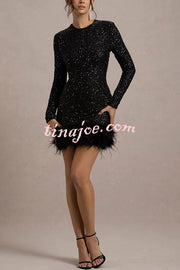 Party Must-have Sequin Long Sleeve Feather Trim Stretch Mini Dress