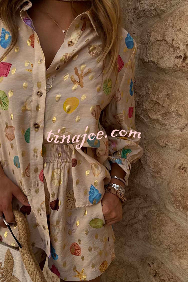 Fashionable Gold Stamping Unique Printing Lapel Long Sleeve Shirt and Elastic Waist Casual Pocket Shorts Set
