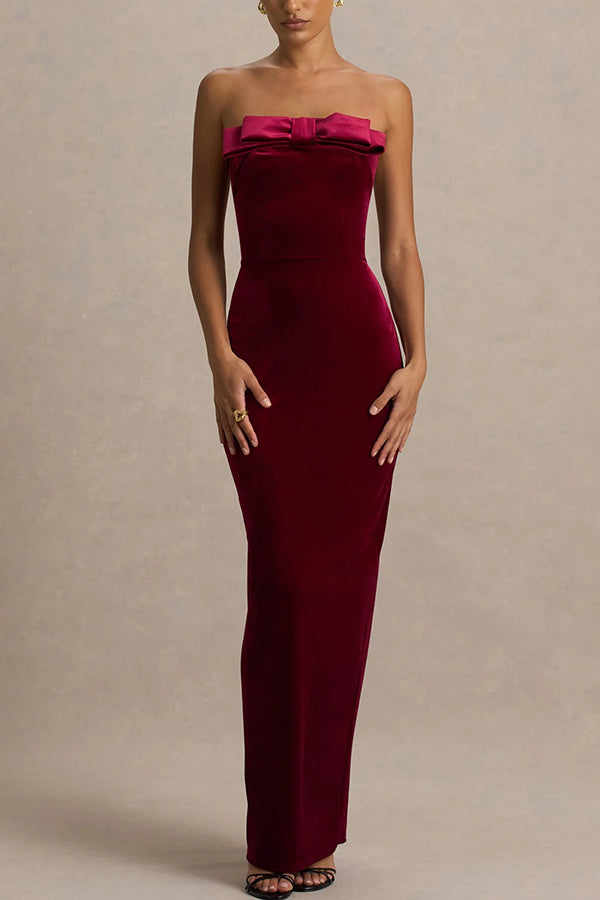 Illusion Velvet Bandeau neck Bow detail Stretch Maxi Dress