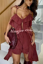 Beauty of Flow Ruffles Tie-up Slit Midi Top and Elastic Waist Shorts Set