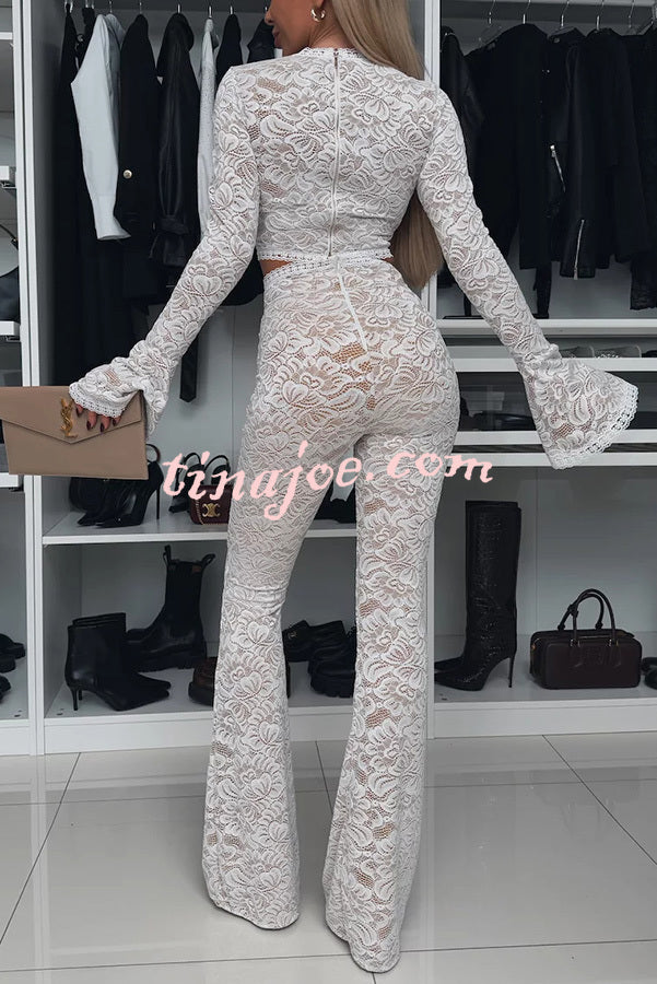 Sexy Charming Lace Bell Sleeve Crop Stretch Top and High Waist Stretch Flared Pants