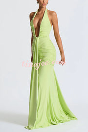 Solid Color Elegant Halterneck V-neck Open Back Tie Gathered Maxi Dress