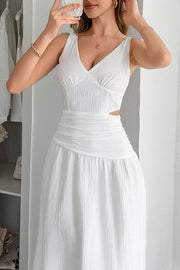 Solid Color V-neck Sleeveless Waist Hollow Out Maxi Dress