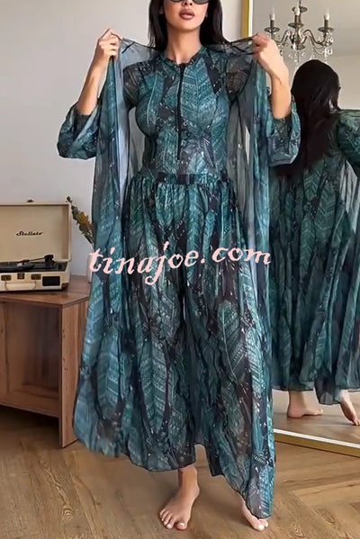 Unique Print One-piece Swimsuit and Cardigan and High Rise Pants Three-piece Set