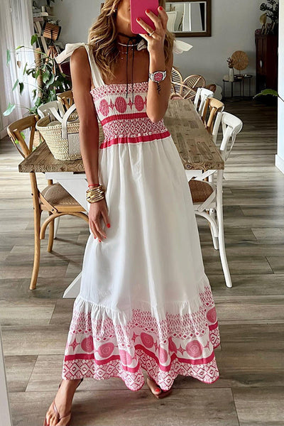 Malibu Villa Ethnic Printed Smocked Shoulder Tie Maxi Dress