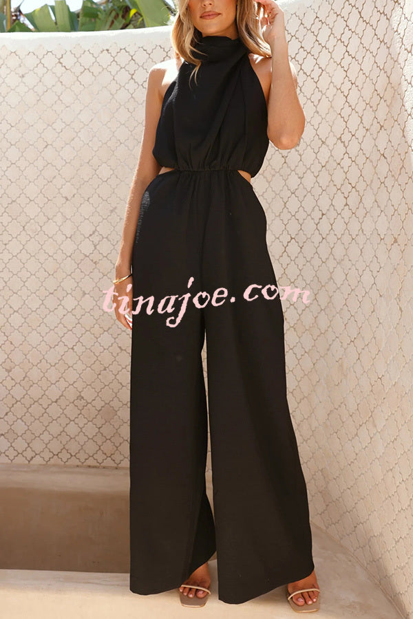 Solid Color Resort Style Halter Neck Waist Pocket Wide Leg Jumpsuit