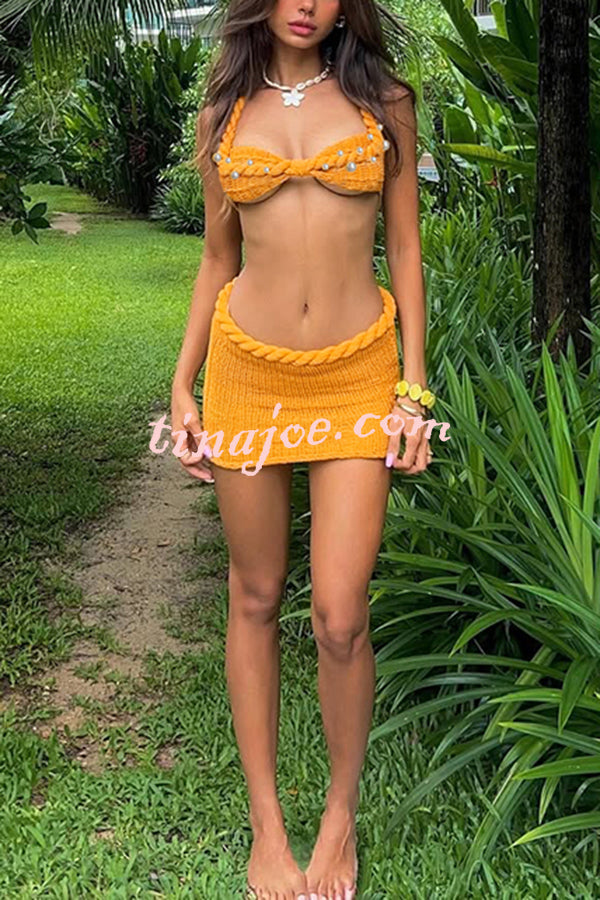 Sexy Halterneck Pearl-embellished Lace-up Tank and Fitted Knit Mini Skirt Set