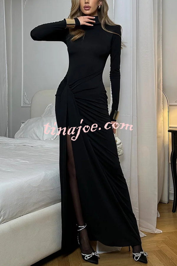 Luxe Silhouette High Neck Shoulder Pads Drape Stretch Maxi Dress