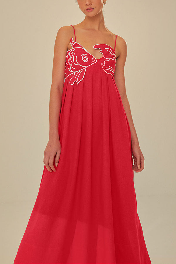 Red Fish Embroidered Sling Backless Maxi Dress