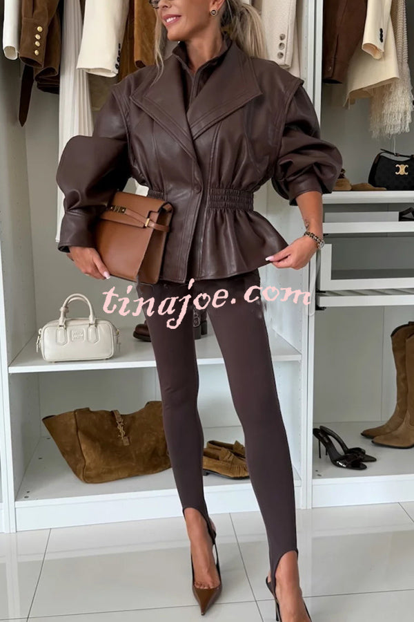 Play It Cool Faux Leather Single Button Elastic Waist Lapel Moto Jacket