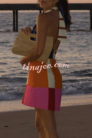 Jeniah Linen Blend Color Block Print Cross Halter Tie-up Loose Mini Dress