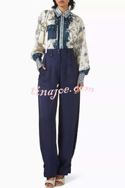 Bohemian Elegant Satin Contrast Color Unique Print Button Up Pocket Loose Blouse