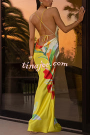 Luisa Satin Floral Print Cowl Neck Sexy Open Back Tie-up Maxi Dress