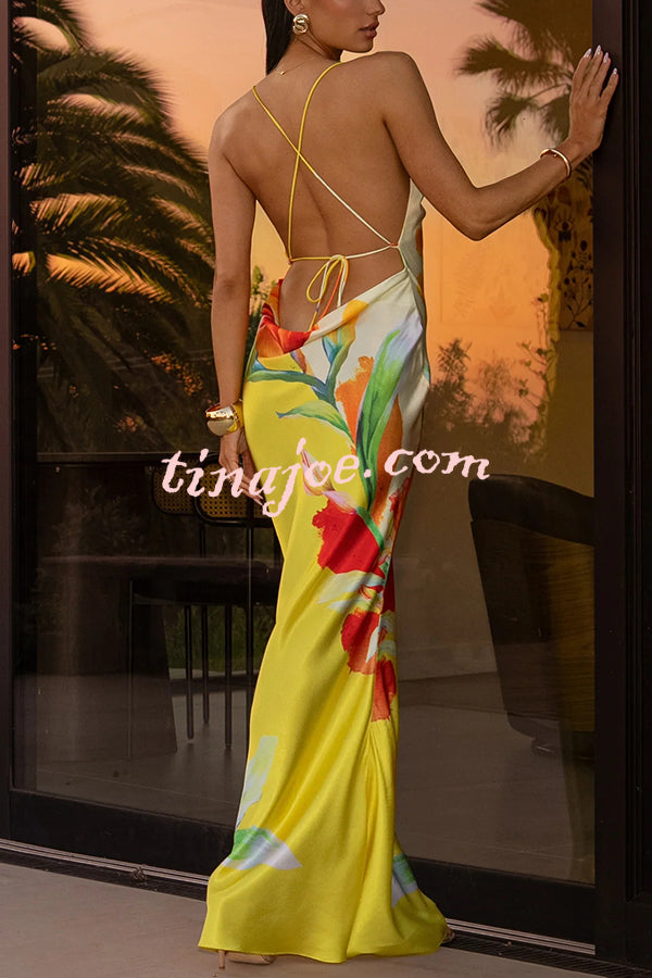 Luisa Satin Floral Print Cowl Neck Sexy Open Back Tie-up Maxi Dress