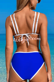 Contrast Color Lace-up Stretch Two-piece Bikini Swimsuit