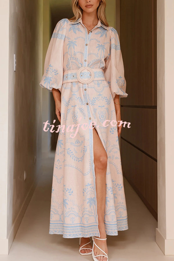 Linen Blend Lapel Puff Sleeve Casual Waist Belted Maxi Dress