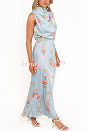 Anabelle Satin Lace Detail Floral Print High Cowl Neck Maxi Dress