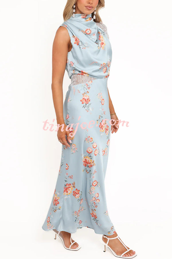Anabelle Satin Lace Detail Floral Print High Cowl Neck Maxi Dress