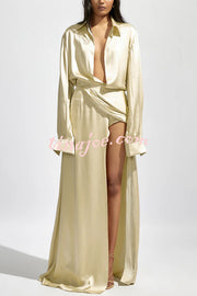 Elegance and Seduction Satin Ruched Detail Slit Shirt Maxi Dress