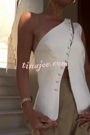 Full of Design Solid Color One Shoulder Asymmetric Slit Button Casual Vest