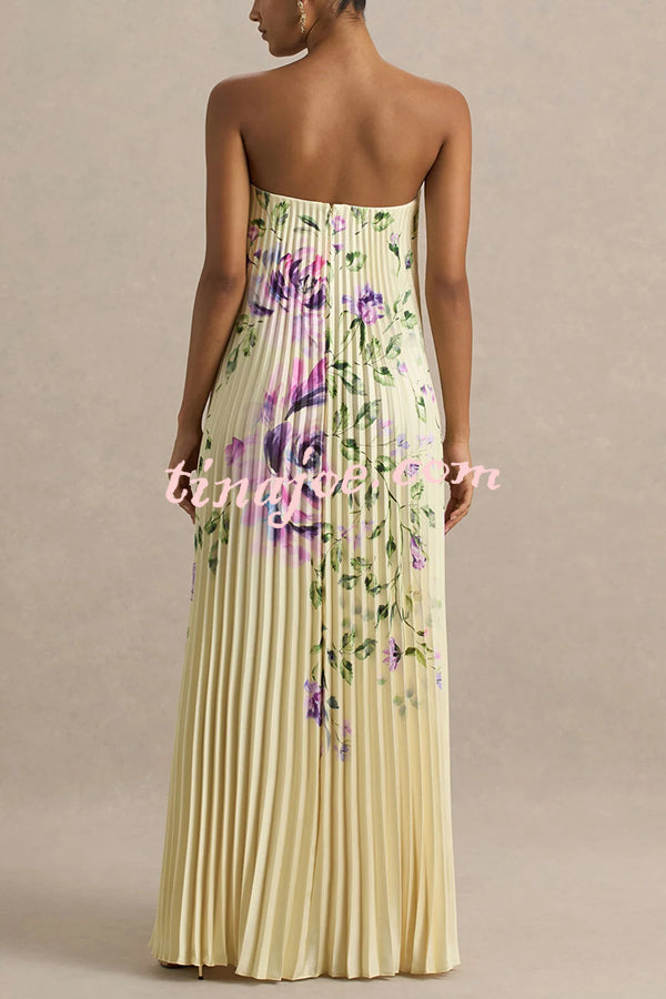 For Every Occasion Satin Pleated Floral Print V-wire Bandeau Neck Maxi Dress