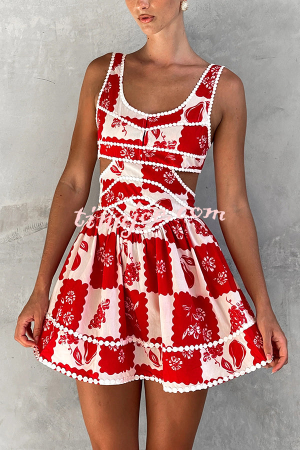 Holiday Colors Ric Rac Trims Unique Print Cutout Round Neck Mini Dress