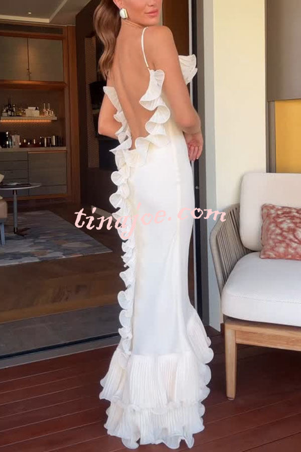 Alisin Pleated Chiffon Wavy Ruffles Trim Slip Maxi Dress