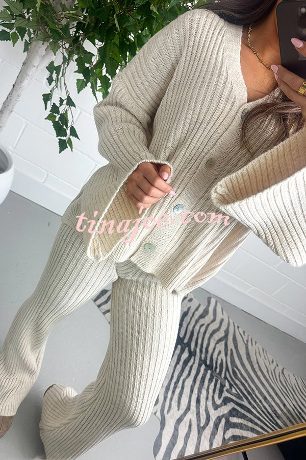 Solid V-neck Ribbed Knit Button Up Top and Elastic Waist Wide Leg Pants Set