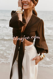 Lets Go Out Linen Blend Balloon Sleeve Wrap Tie-up Loose Top
