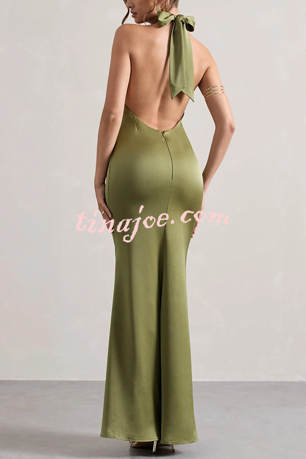 Solid Color Halter Neck Tie Sexy Backless Slim Maxi Dress